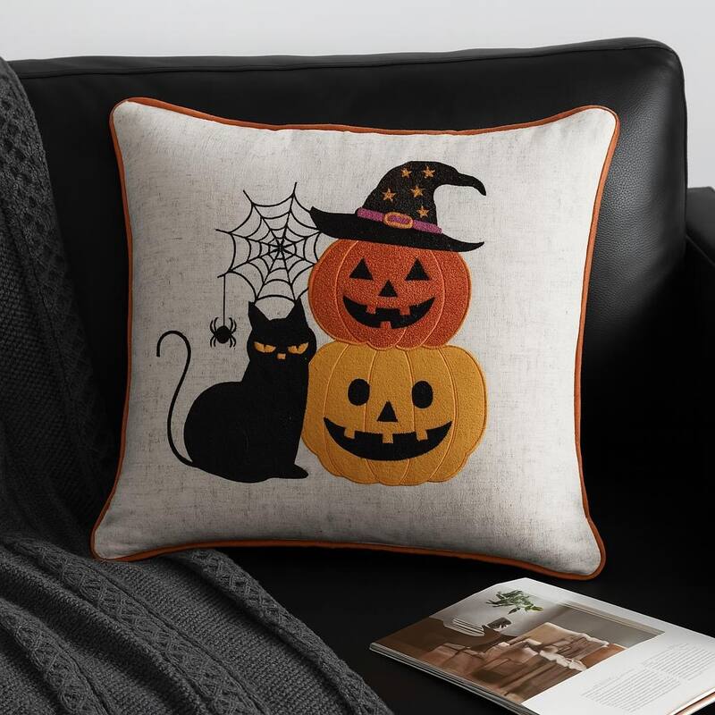 Halloween Black Cat & Pumpkin Stack Throw Pillow