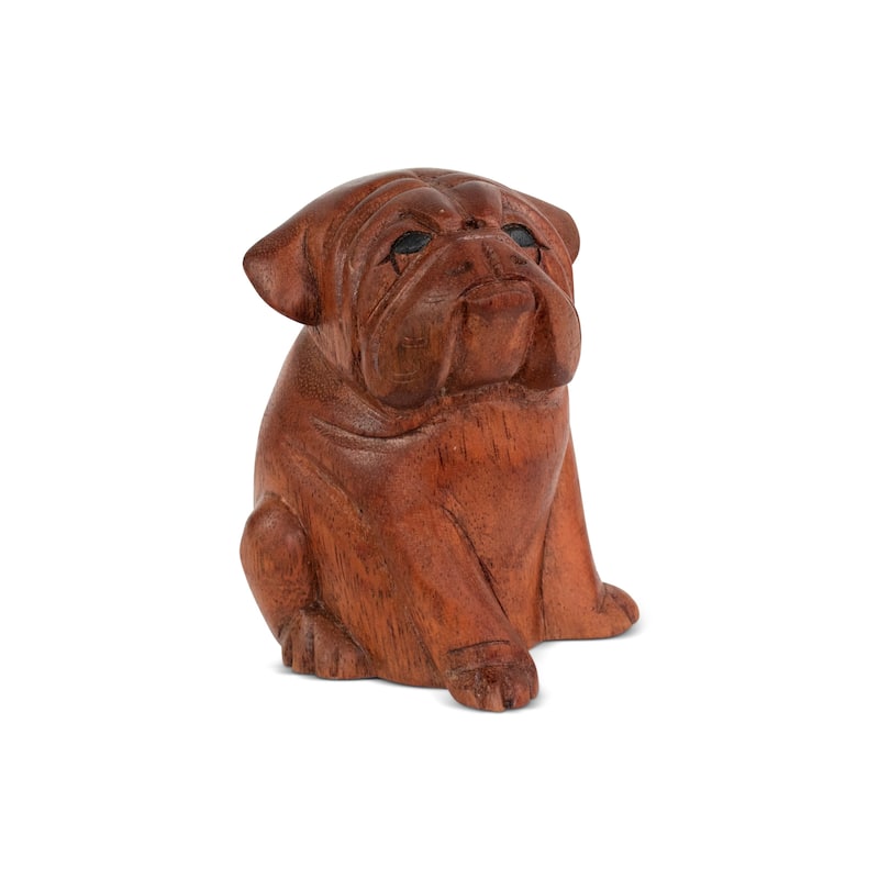 5" Wooden Hand Carved English Bulldog Figurine Statue Sculpture - 5" tall x 4" wide x 3.5" deep