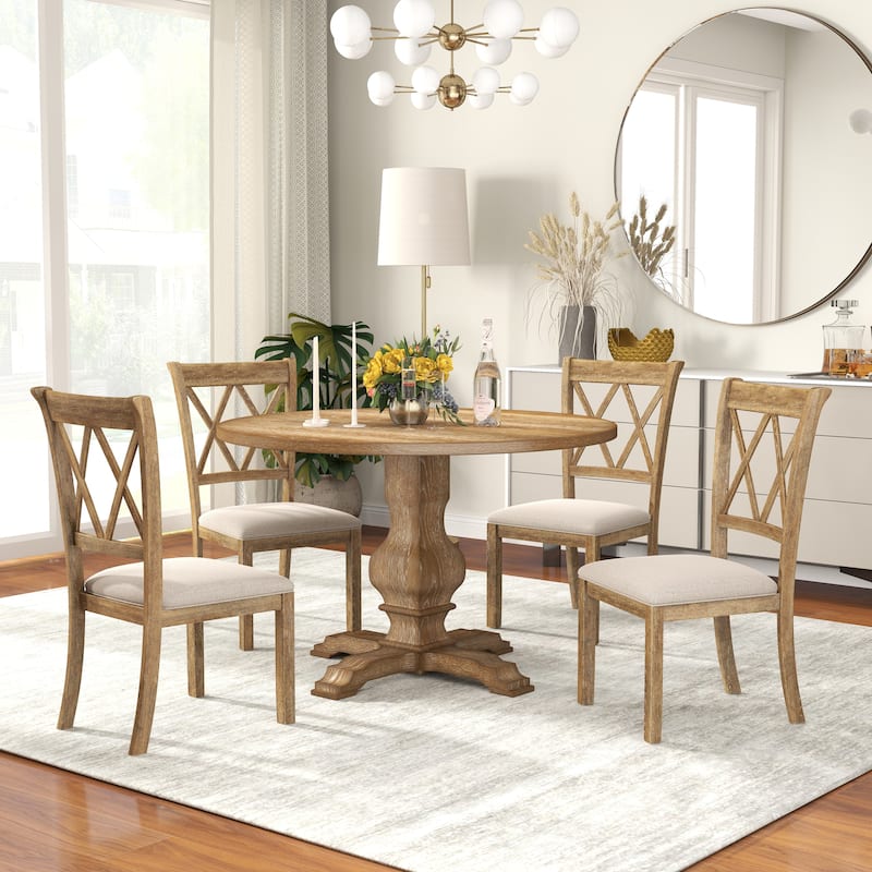 Roundhill Furniture Havre 5-Piece Pedestal Round Dining Set - Oak