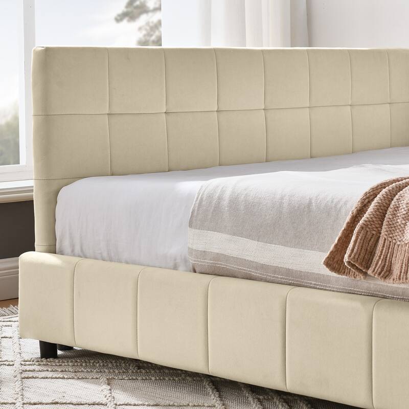 Full Size Upholstered Tufted Daybed with Backrest and Armrests, Velvet Fabric, Beige, Easy Assembly