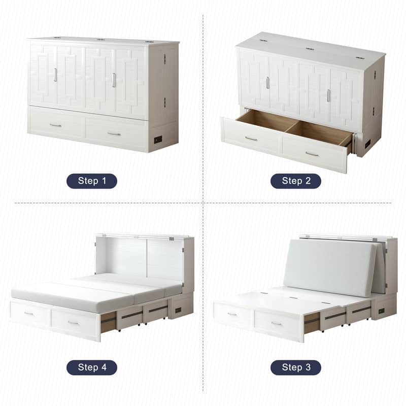 Mixoy Modern Murphy Bed Chest with Mattress,Storage Drawer,Charging Station