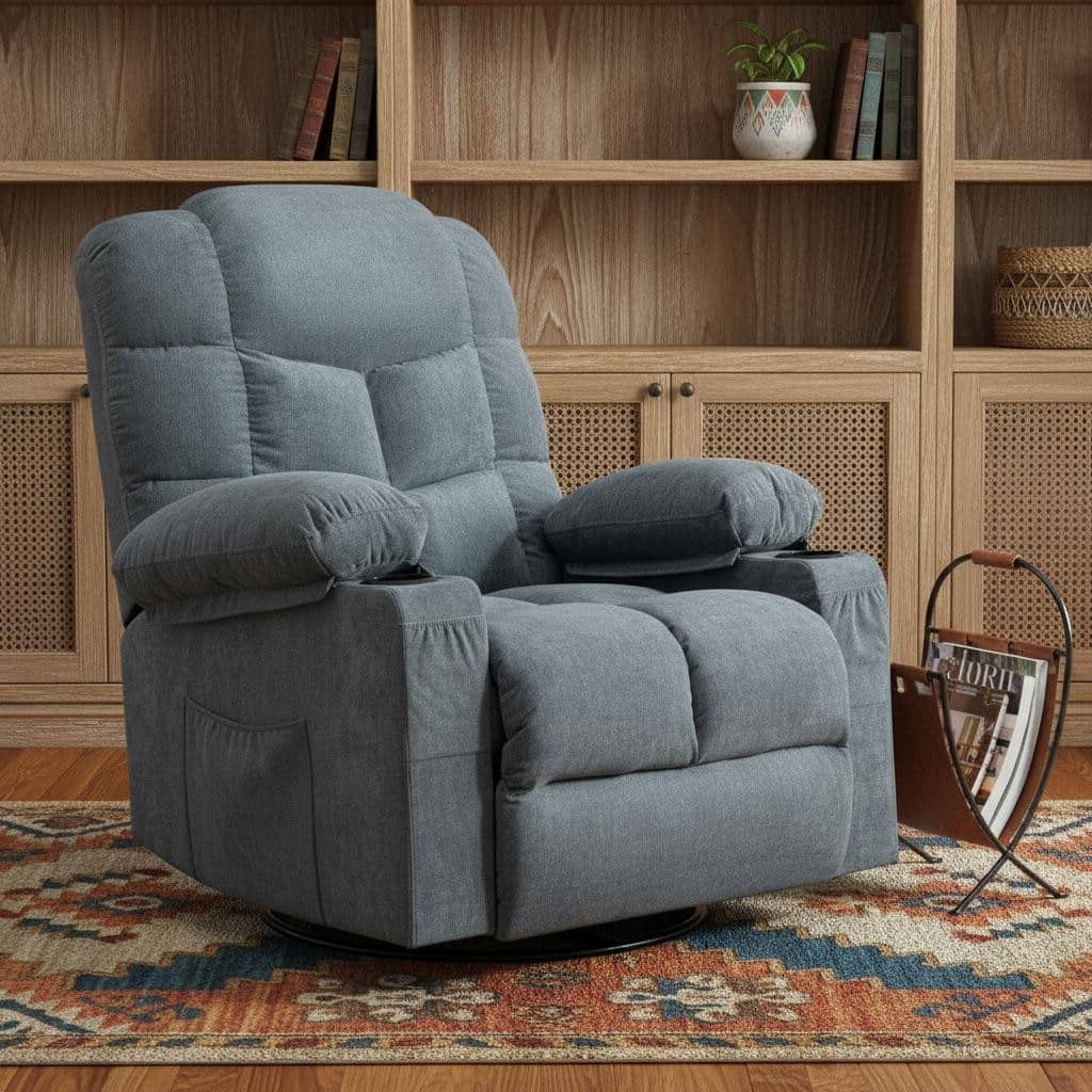 HomeRoots 37" Blue Faux Leather Heated Massage Lift Assist Recliner With USB