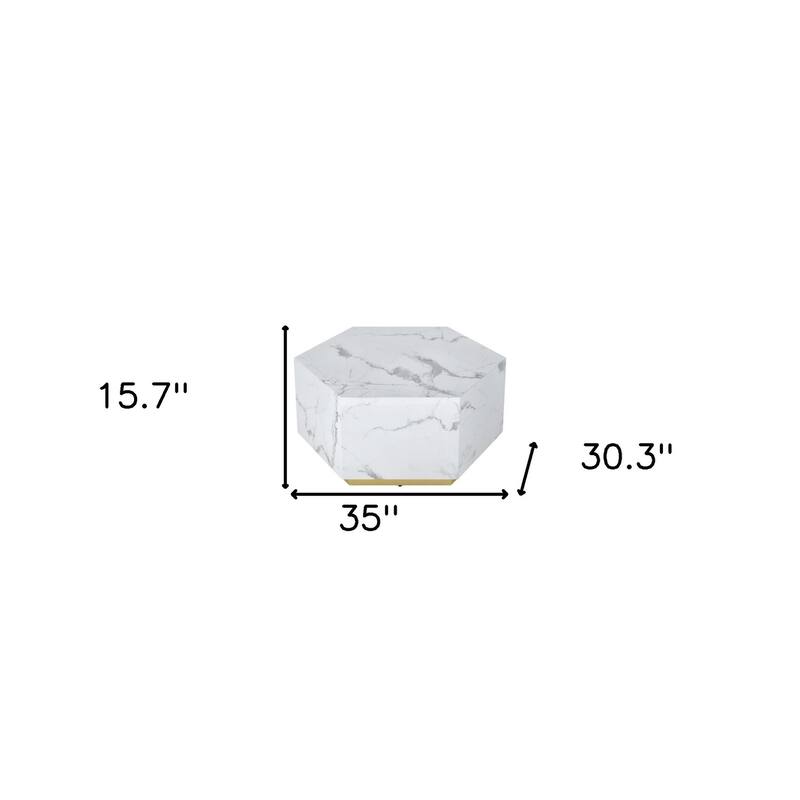 HomeRoots 35" White And Gold Faux Marble Hexagon Drum Coffee Table - 35' X '15.7' X '30.3