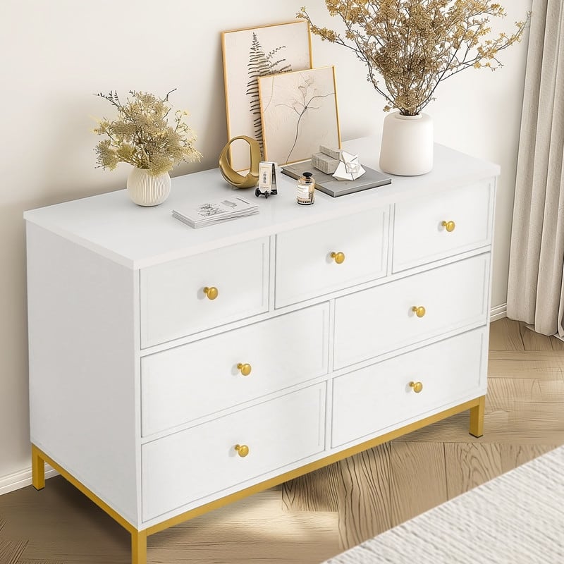 47" White Wooden Dresser With 7 Deep Drawers & Metal Handles