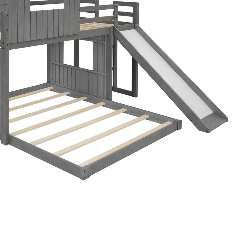 Playhouse Twin Over Full Bunk Bed with Windows and Slide, Solid Pine Wood Frame