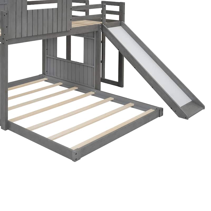 Wooden Twin Over Full Bunk Bed, Loft Bed with Playhouse, Farmhouse, Ladder, Slide and Guardrails, Antique Gray