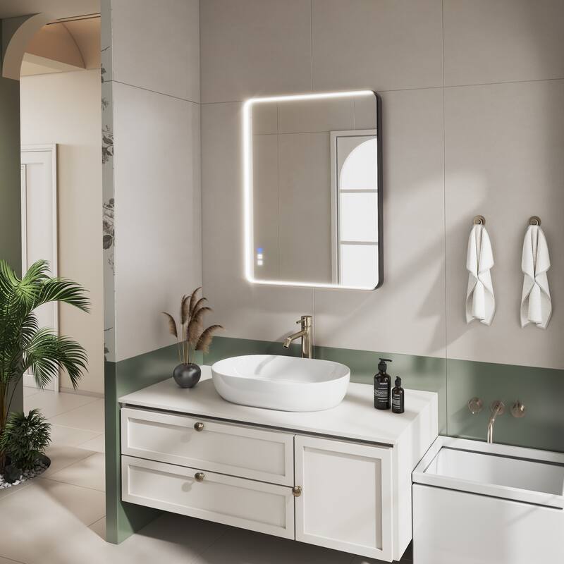 Organnice Rectangular LED Aluminum Black Framed Light Rounded Wall Mirror with Front Light