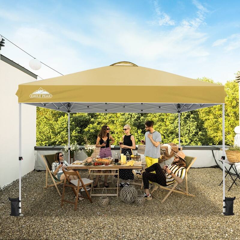 EAGLE PEAK Pop Up Canopy Tent with Wheeled Carry Bag, 8 Stakes, 4 Ropes, 4 Weight Bags, Easy Set Up Tent Canopy, 12x12 ft - Beige