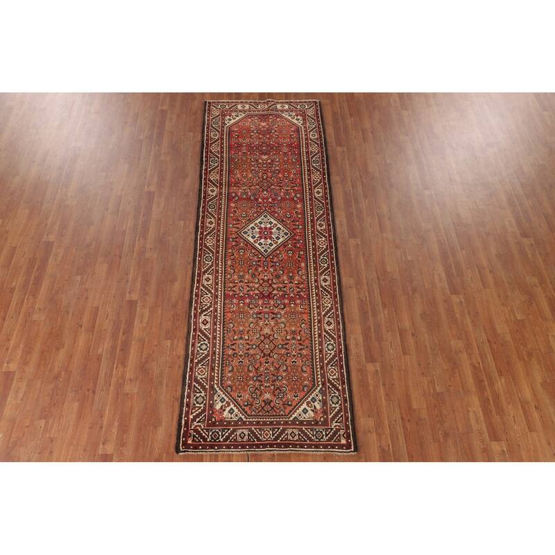 Geometric / Medallion Hamedan Vintage Runner Rug Handmade Wool Carpet - 3'5"x 10'4"