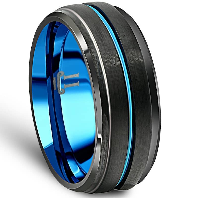 Bliss Diamond Men's Black & Blue Tungsten Ring Brushed Beveled Step Cut Wedding Band