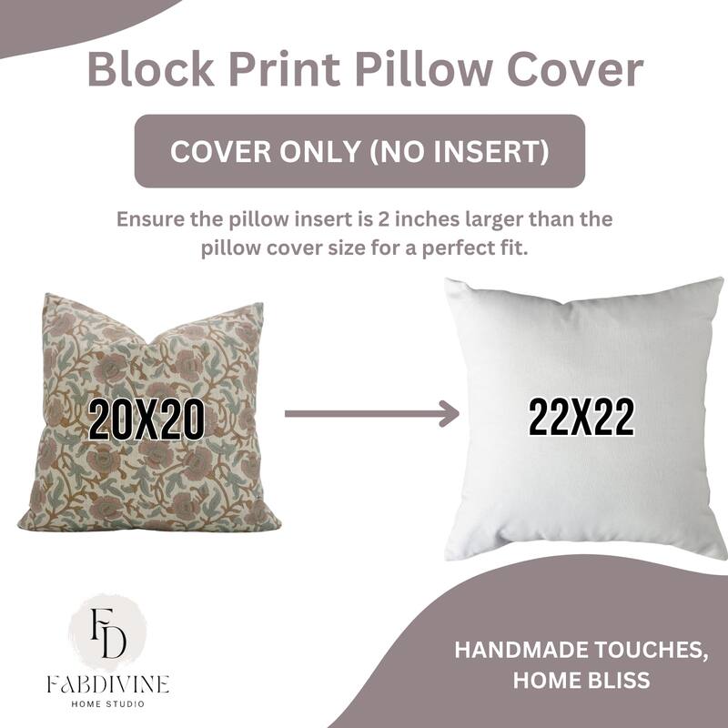 Fabdivine Hand Block Print Floral Pillow Cover Linen Cushion Case for Sofa Guest Room Fall Home Accent Gift, Shehjan