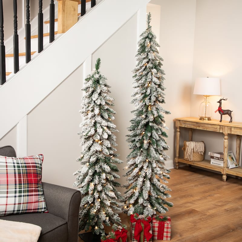 Pre-Lit Pencil Flocked Alpine Artificial Christmas Tree - 5' - Clear Lights - 5 Foot