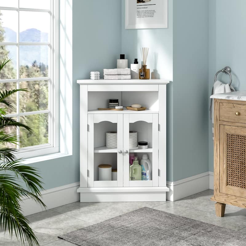 Javlergo White Triangle Corner Cabinet with Glass Doors & Adjustable Shelf Freestanding Storage Cabinet for Bathroom Living Room