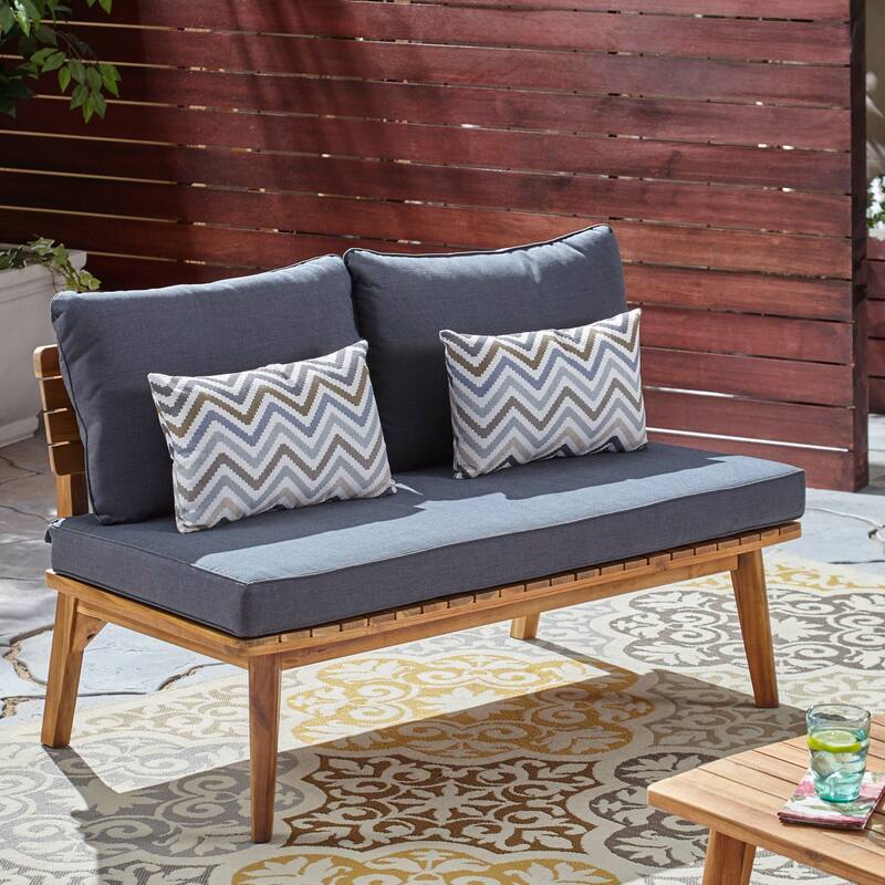 Roomfitters Outdoor Loveseat with Acacia Wood Frame and Navy Cushions, Patio 2-Seat Sofa, Grey