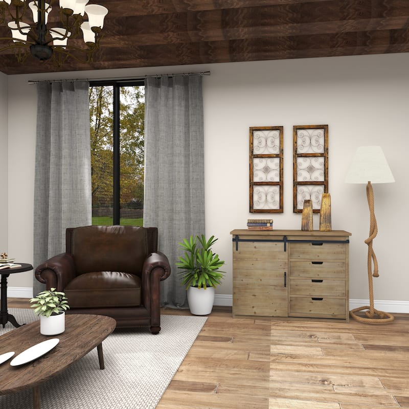 Brown Wood Distressed Panel Scroll Home Wall Decor with Bronze Metal Scrollwork