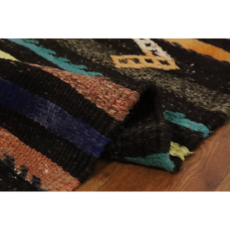 Hand Woven Oriental 100% Wool Carpet Southwestern Tribal Black Kilim Runner Rug - 9' 6'' X 3' 4''