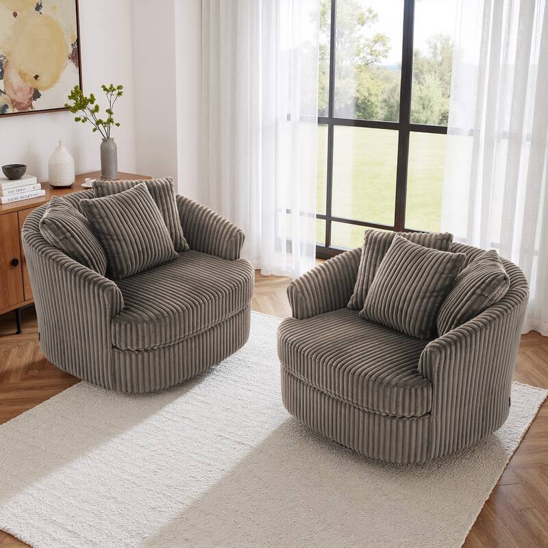 2 Set Oversized 43" W Plush Corduroy Swivel Barrel Chair with Pillows