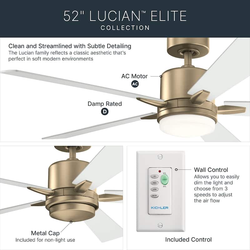 52 Inch Lucian Elite 5 Blade Indoor Ceiling Fan in Champagne Bronze with Matte White Blades
