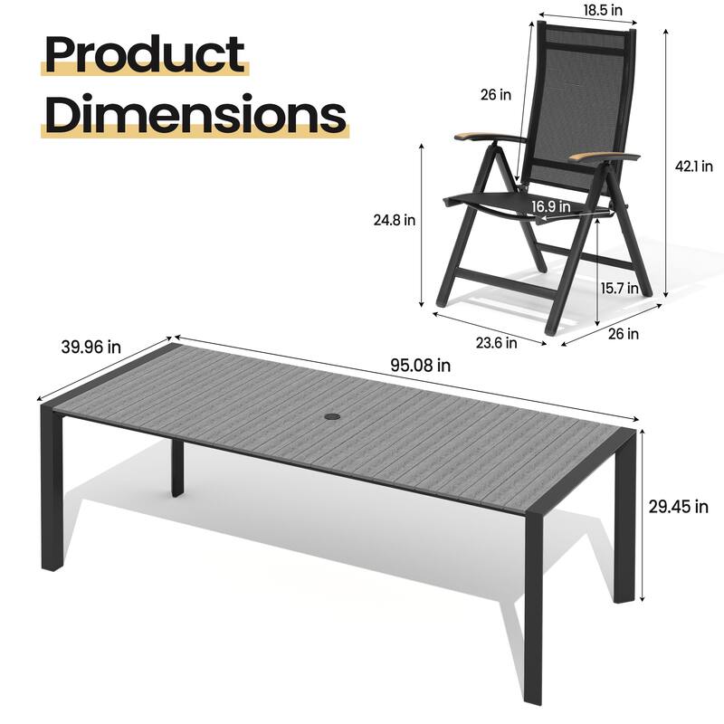 Set of 11 Outdoor Patio Dining Set WoodLike Table Top Aluminum Rectangular Umbrella Hole Table with Folding Teak Armrest Chairs