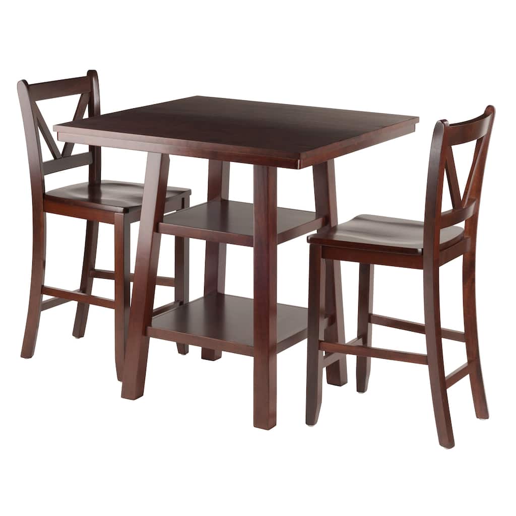 3 Walnut Finish Solid Wood High Table 2 V Back Counter Stools Set 36"