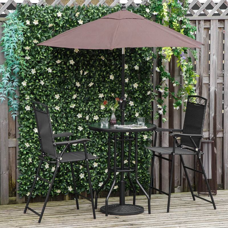 4 Piece Outdoor Patio Dining Furniture Set, 2 Folding Chairs, Adjustable Angle Umbrella, Wave Textured Tempered Glass Di