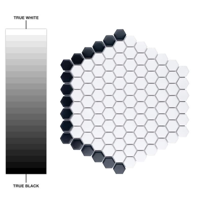 Merola Tile Metro Geo 1" Hex Matte White w/Black Edge 10-1/2" x 11-5/8" Porcelain Mosaic Floor and Wall Tile
