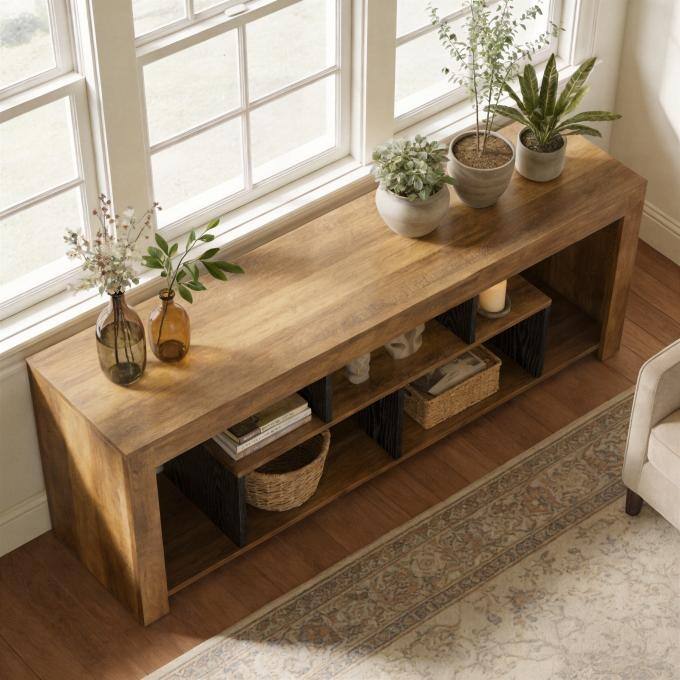 63" Rustic Wooden Console Sofa Table, Long Entryway Table with Storage