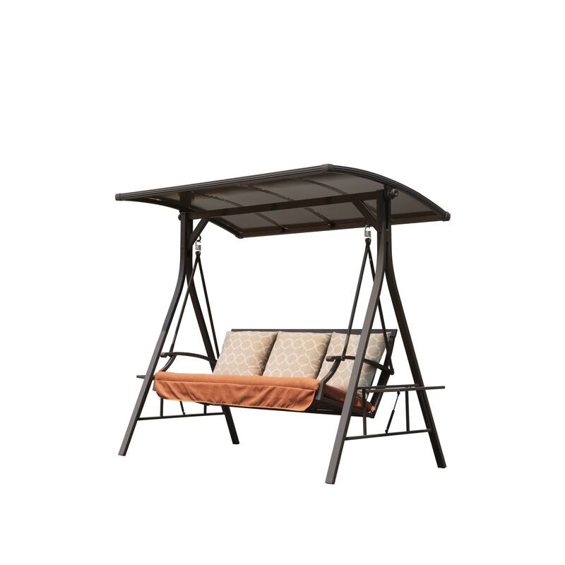 GDFStudio - Bella Outdoor Adjustable Patio Swing Chair with Steel Frame and Canopy - Dark Brown+3-Seat - Hardtop PVC