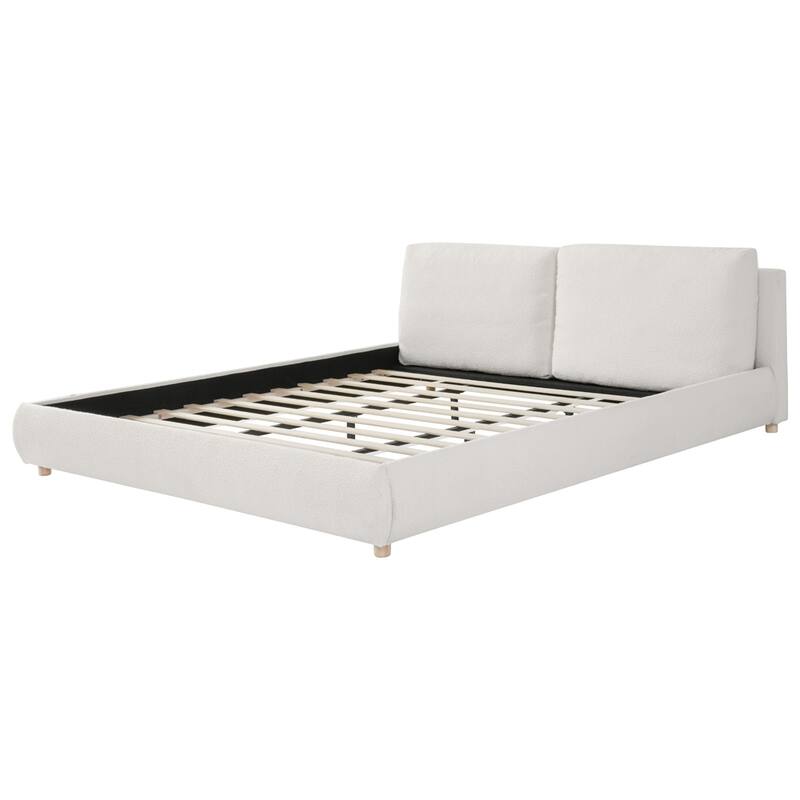 Boucle Fabric Upholstered Platform Bed with Two Removable Pillow Headboard