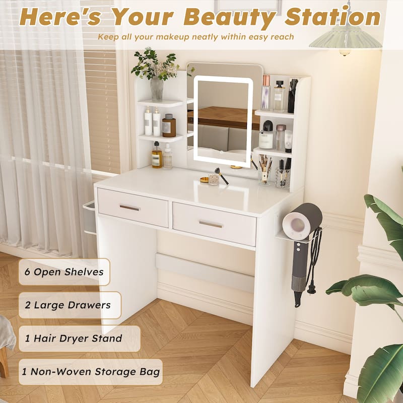 Vanity Desk with LED Light Mirror, 3-Color Adjustable Light Strips, Dressing Table with Hair Dryer Stand & 2 Large Drawers