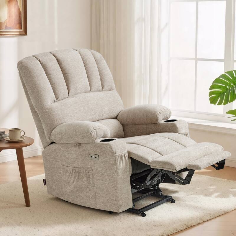 Power Lift Recliner Chair for Elderly, Massage and Heat, Faux Leather & Fabric - Fabric-Beige