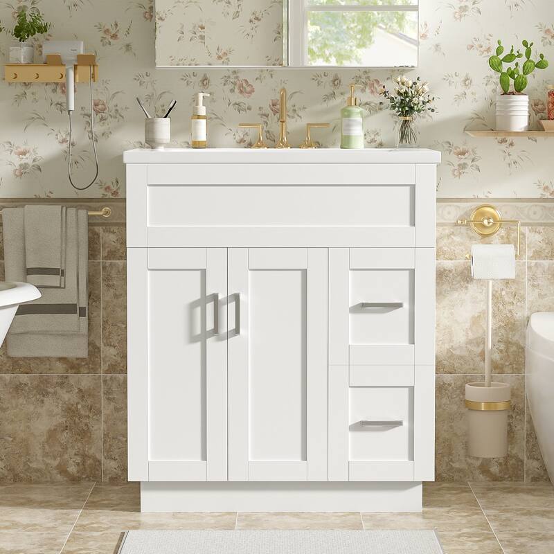 GDFStudio - Transitional Bathroom Vanity with Resin Sink, Adjustable Shelves, Soft-Close Doors & Hidden Drawers - 30"+Right Drawer - 1 Cabinet+White