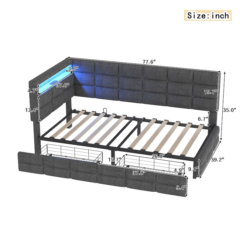 Tufted Upholstered Daybed, Linen Fabric Platform Bed with 2 Storage Drawers, Charging Station LED Storage Headboard Bed Frame