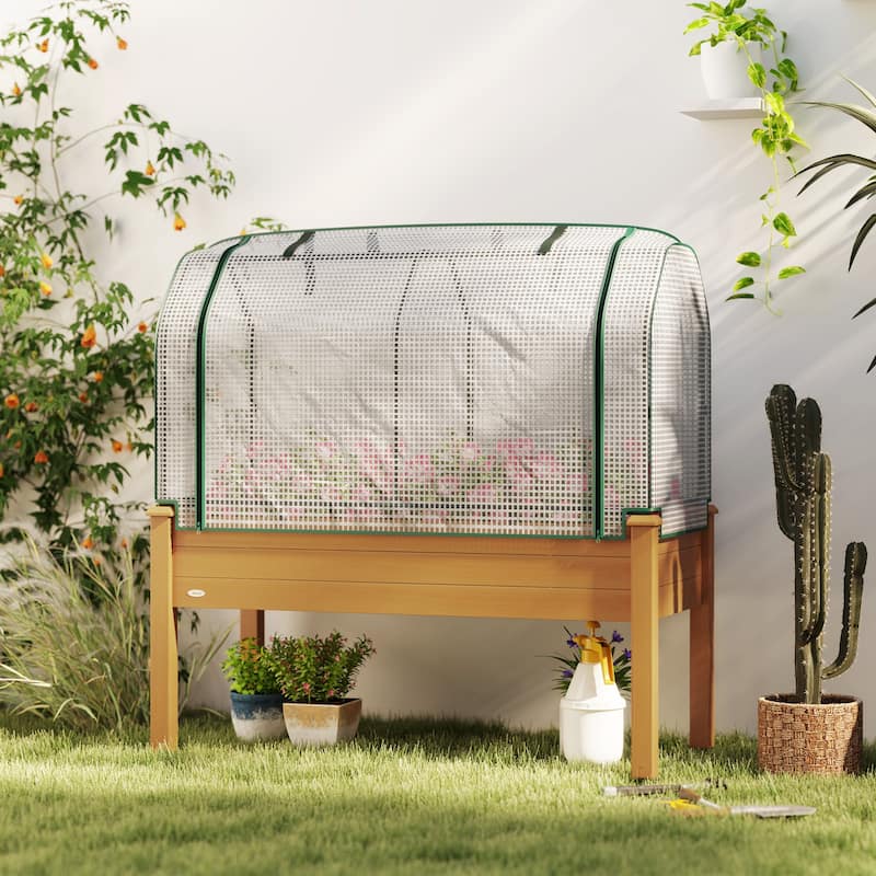 Outsunny Raised Garden Bed with PE Greenhouse Cover Outdoor Elevated Wood Planter Box for Herbs and Vegetables