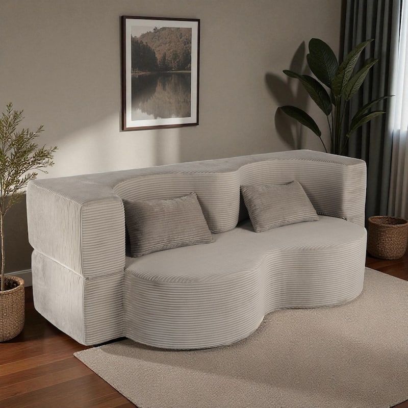 75" Convertible Foldable Sofa Bed, Memory Foam Upholstered 3-Seat Cloud Couch Mattress with 2 Pillows - Beige