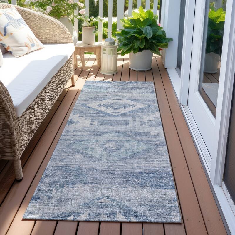 Machine Washable Indoor/ Outdoor Chantille Boho Tribal Rug - Blue - 2'3" x 7'6"