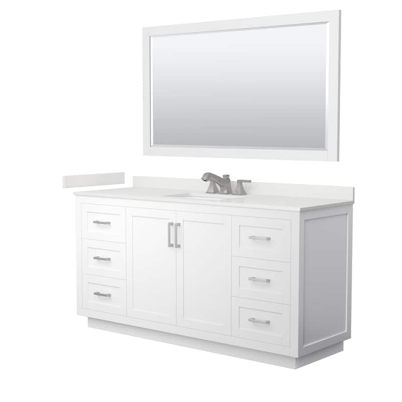 Miranda 66-inch Single Vanity, Quartz Top, 58-inch Mirror - White, Nickel Trim, White Quartz Top