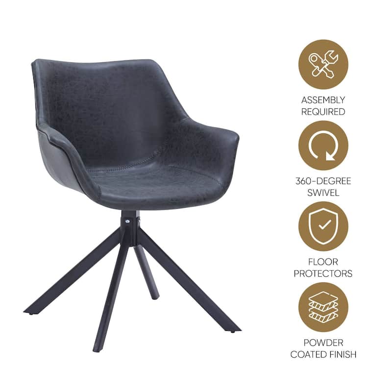 Markley Modern Swivel Dining Chair with Distressed Leather Upholstery, Ergonomic Back, and Black Metal Legs for Home or Office
