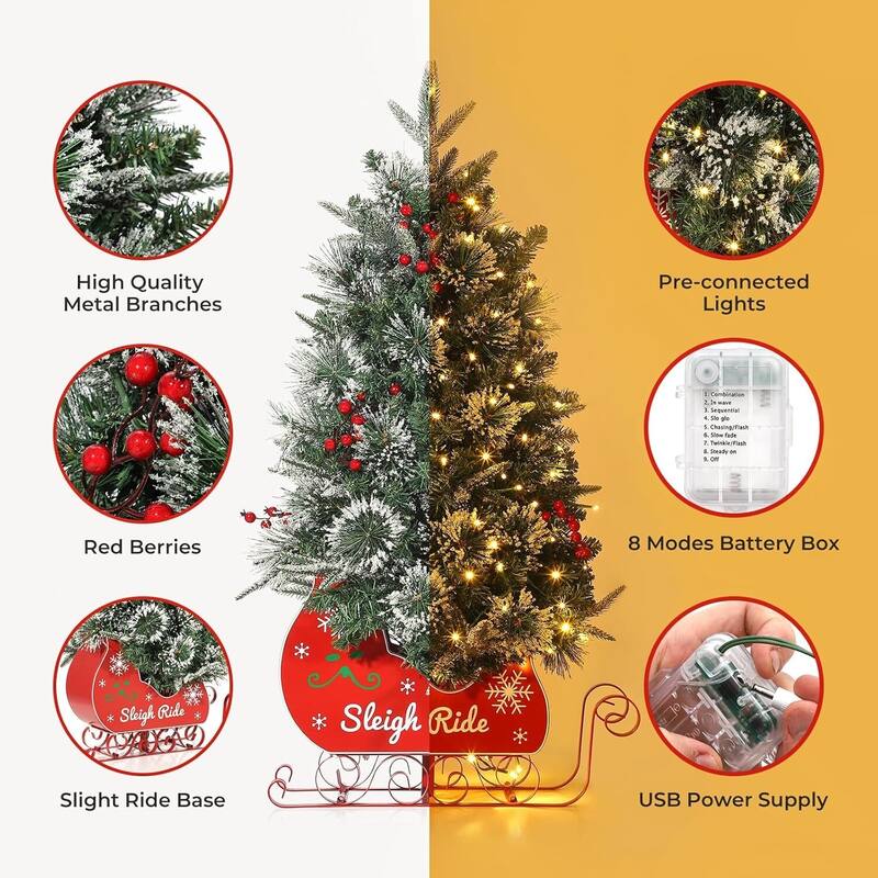 3Ft Snow Flocked Artificial Christmas Tree with Sleigh Base - N/A