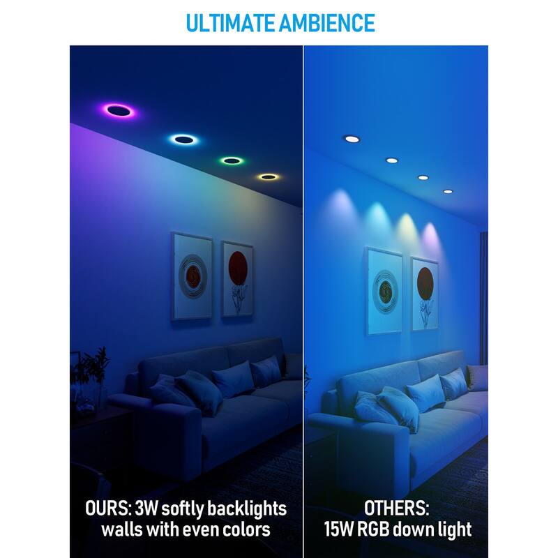 6 Inch CCT LED Recessed Lights with RGBCW Back Light, 5CCT - 6in