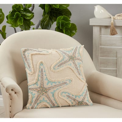 Throw Pillow With Embroidered Starfish Design, 18"x18"
