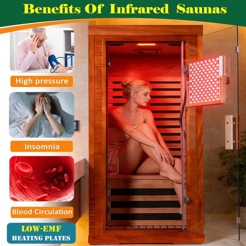 One Person Indoor Low EMF Infrared Sauna Okoume Wood with Bluetooth Red Light Therapy - N/A