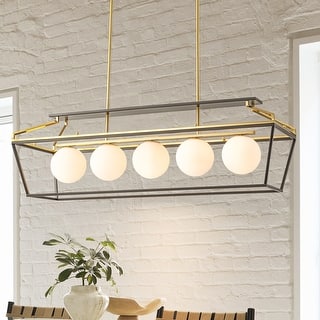 5-Light Modern Linear Chandelier in Matte Black and Brass Finish with Milky White Glass Globes for Dining Room or Kitchen Island