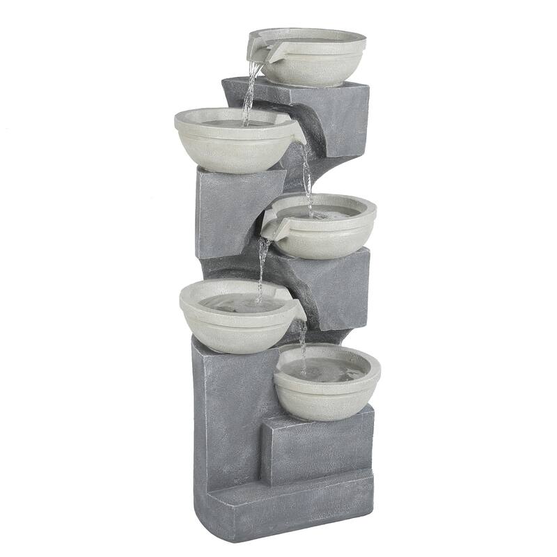 Five Bowl Grey Resin Cascading Outdoor Fountain with LED Lights, 35" High