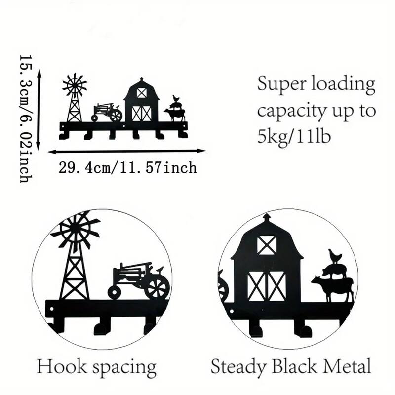 Black Metal Wall-Mounted Towel Hook Rack 6 Hooks Space-Saving Bathroom Storage Organizer - 11.57”L x 6.02”H