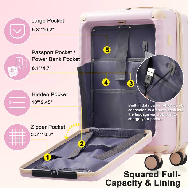 Luggage Sets 5 Piece with Front Opening, Hardside Expandable Carry on Suitcase, with Spinner Wheels, TSA Lock, USB Port