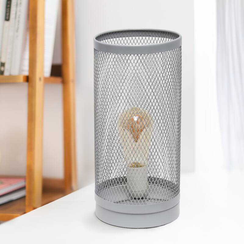 12.75" Industrial Mesh Cylinder Table Lamp, Modern Accent Lighting For Living Room, Entryway, Bedroom, Office, Black
