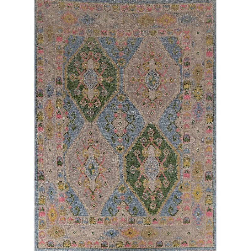 Hand Knotted Oriental 100% Wool Carpet Transitional Geometric Navy Blue & Blues Oushak Area Rug - 10' 10'' X 8' 6''
