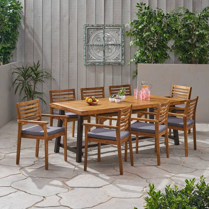 Atlantic Outdoor 8 Seater Acacia Wood Dining Set by Christopher Knight Home - Teak+Black+Dark Gray