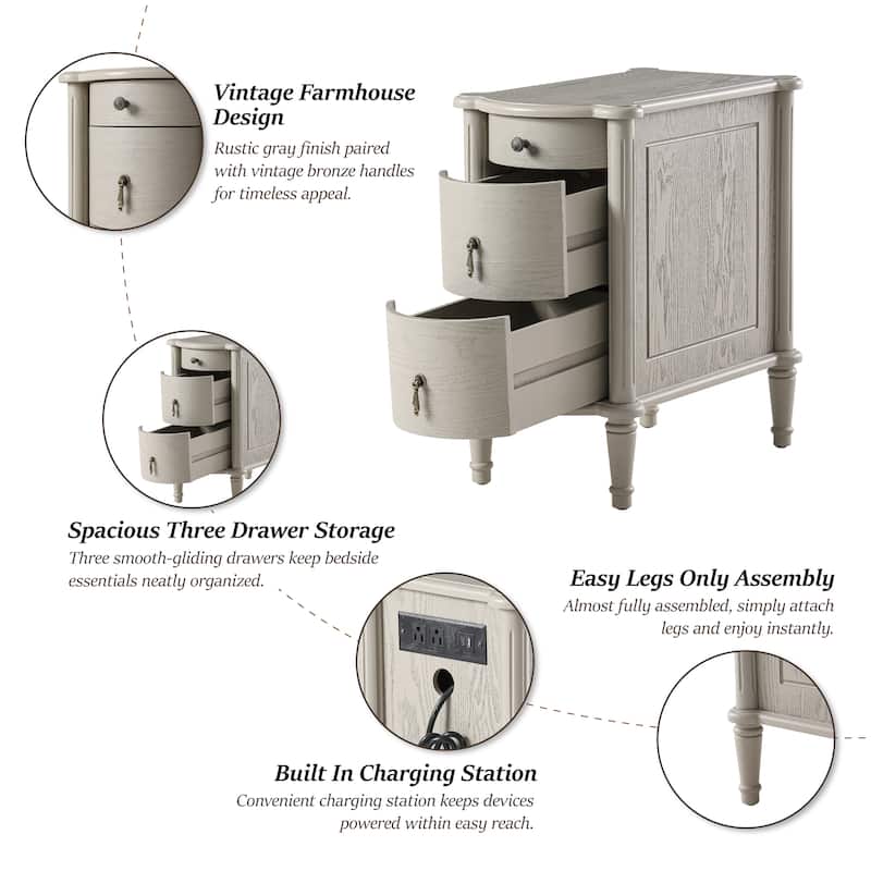 COZAYH Farmhouse 3-Drawer Bedside Table with Charging Station, Vintage Bronze Handles, Solid Pine Legs